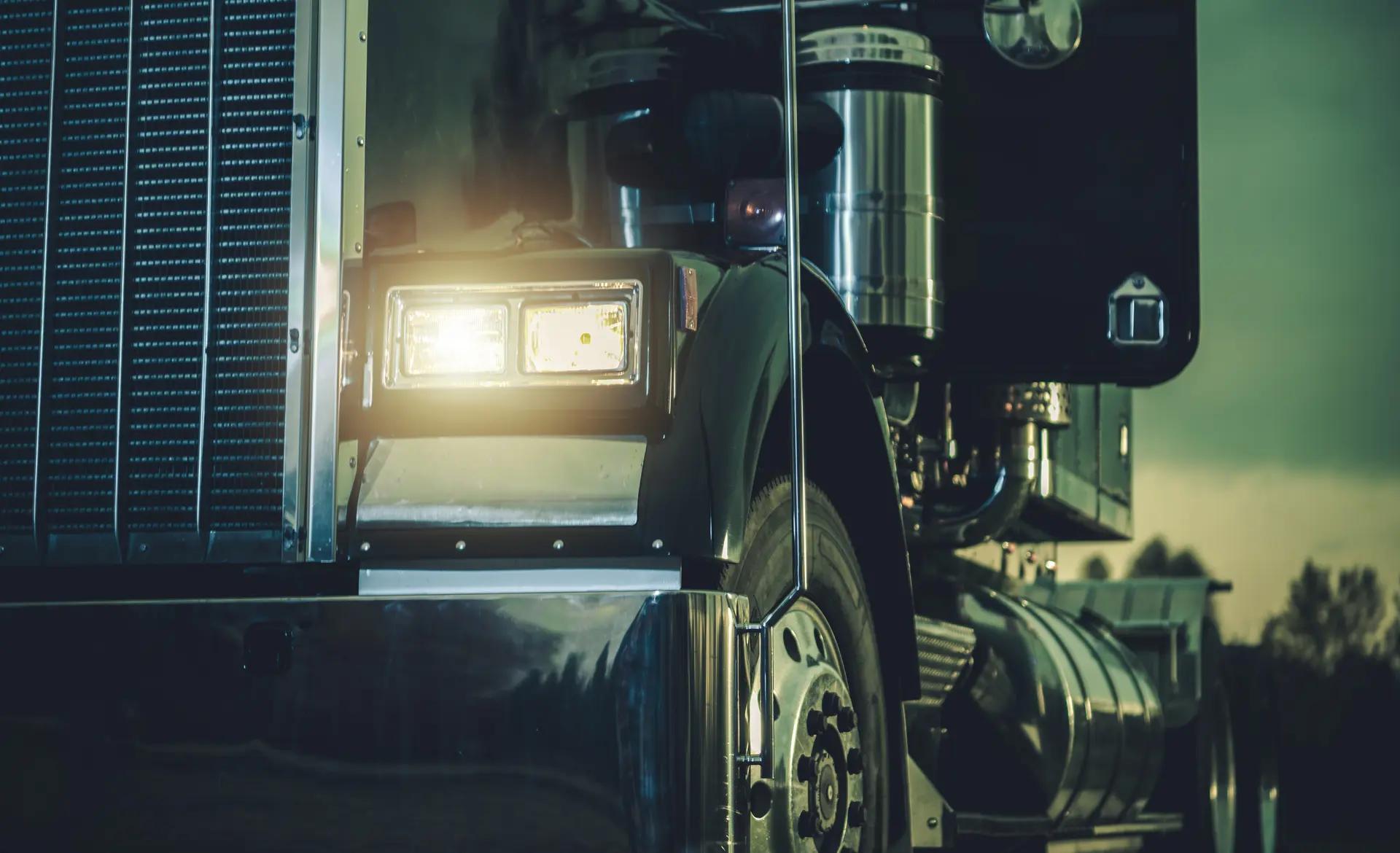 Semi truck cab closeup, dark tones, with green accent lighting